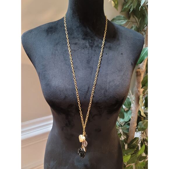 Women's Gold Chain Necklace With Lobster Clasp Black Rose Heart And Bead Charms - Picture 2 of 5